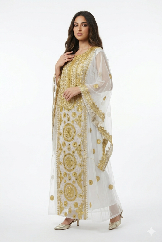 White Hashimi (Nashel) Dress – Handcrafted Tulle Embroidery with Inner Dress