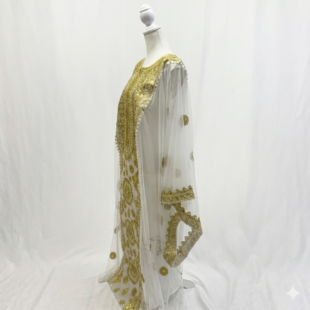 White Hashimi (Nashel) Dress – Handcrafted Tulle Embroidery with Inner Dress