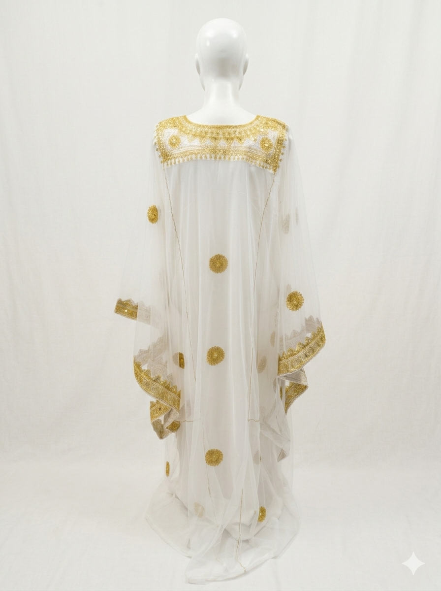 White Hashimi (Nashel) Dress – Handcrafted Tulle Embroidery with Inner Dress