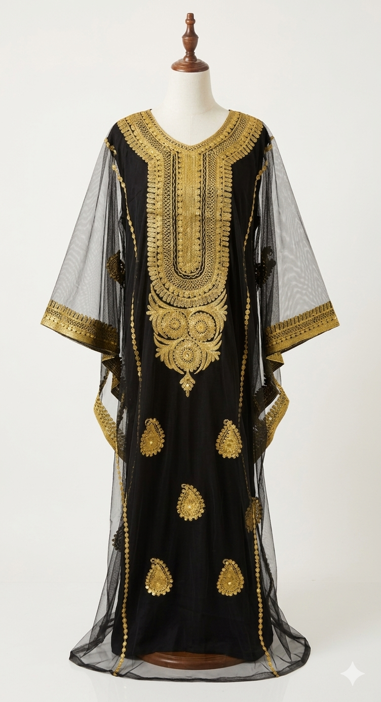 Iraqi Hashimi Thobe Dress – Black Tulle with Gold Embroidery (New 2026 Model) | Includes Inner Dress