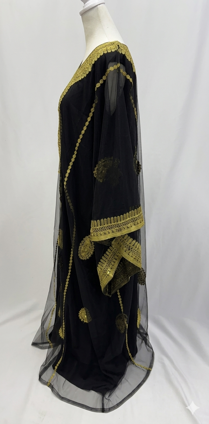 Iraqi Hashimi Thobe Dress – Black Tulle with Gold Embroidery (New 2026 Model) | Includes Inner Dress