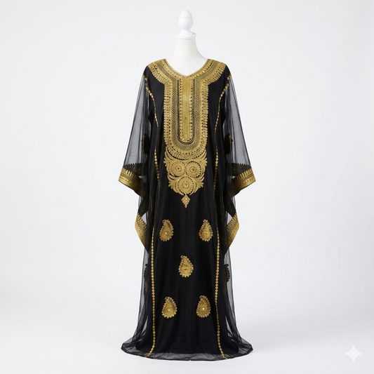 Iraqi Hashimi Thobe Dress – Black Tulle with Gold Embroidery (New 2026 Model) | Includes Inner Dress