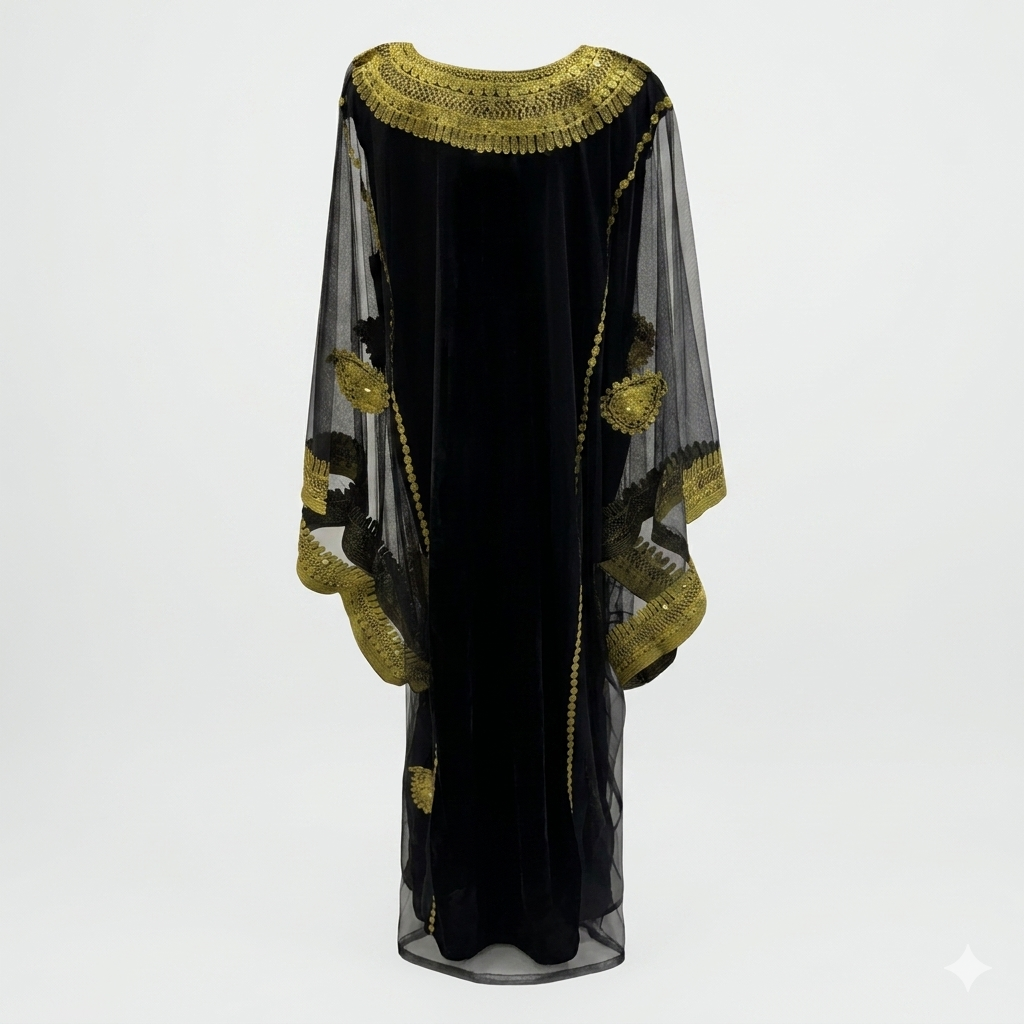 Iraqi Hashimi Thobe Dress – Black Tulle with Gold Embroidery (New 2026 Model) | Includes Inner Dress