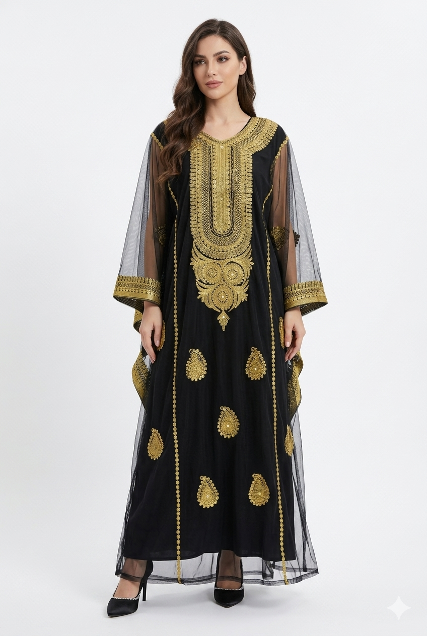 Iraqi Hashimi Thobe Dress – Black Tulle with Gold Embroidery (New 2026 Model) | Includes Inner Dress