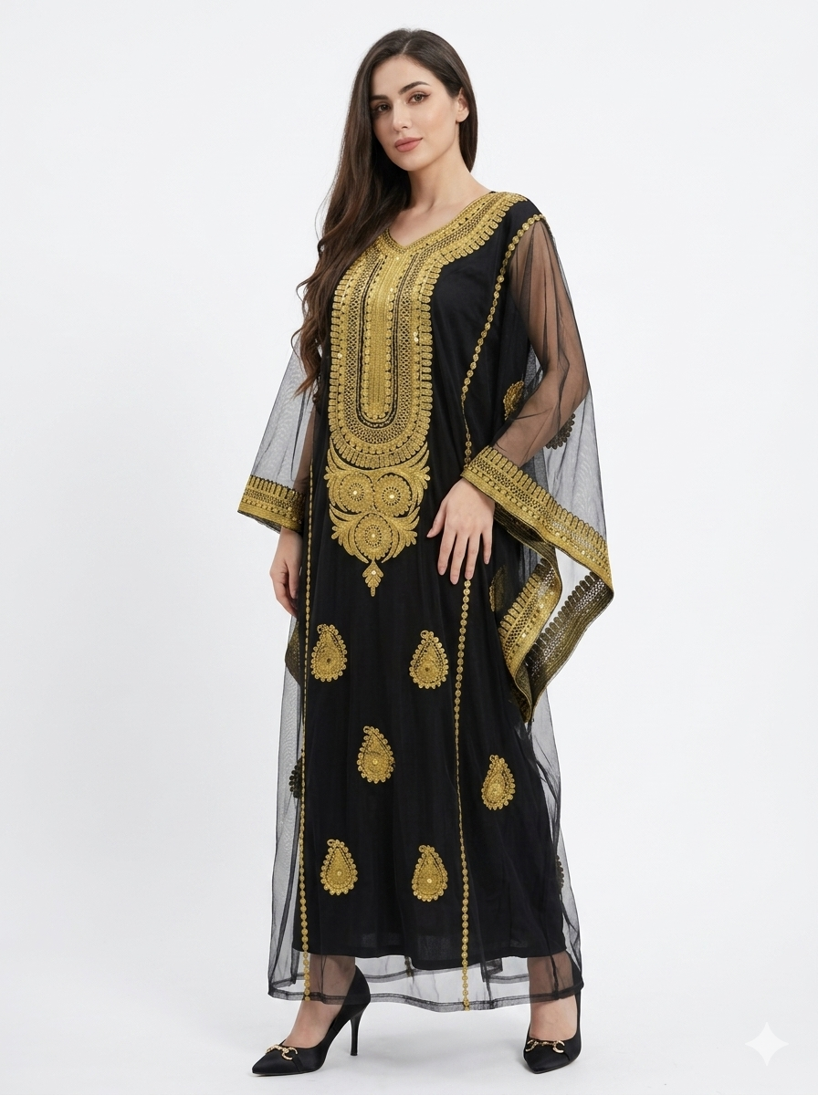 Iraqi Hashimi Thobe Dress – Black Tulle with Gold Embroidery (New 2026 Model) | Includes Inner Dress
