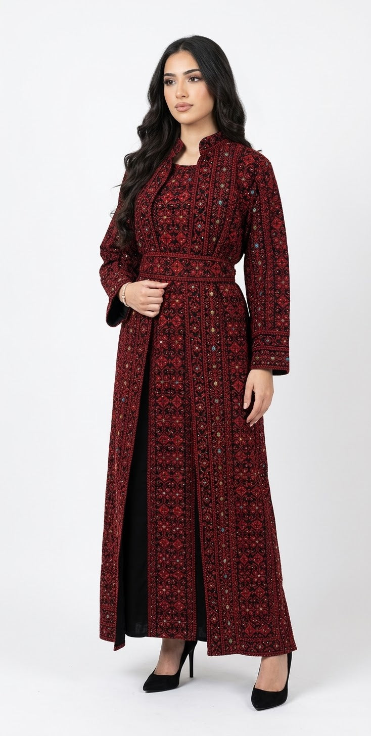 Red Embroidered Abaya Set with Belt