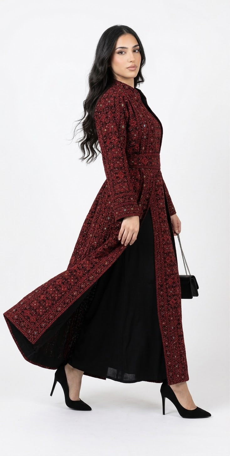 Red Embroidered Abaya Set with Belt