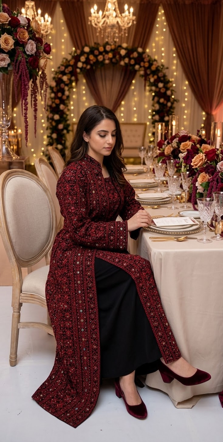 Red Embroidered Abaya Set with Belt