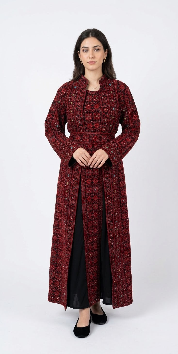 Red Embroidered Abaya Set with Belt