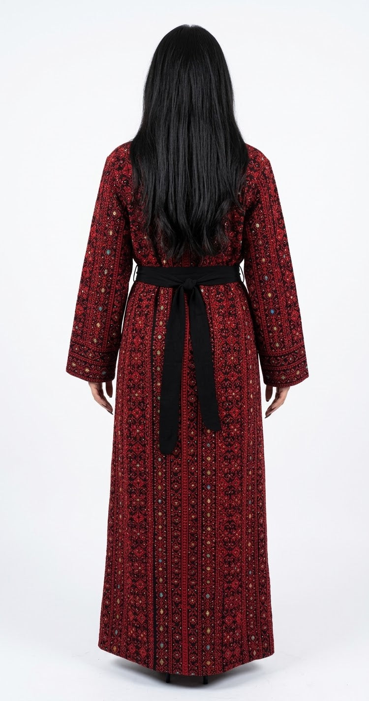 Red Embroidered Abaya Set with Belt