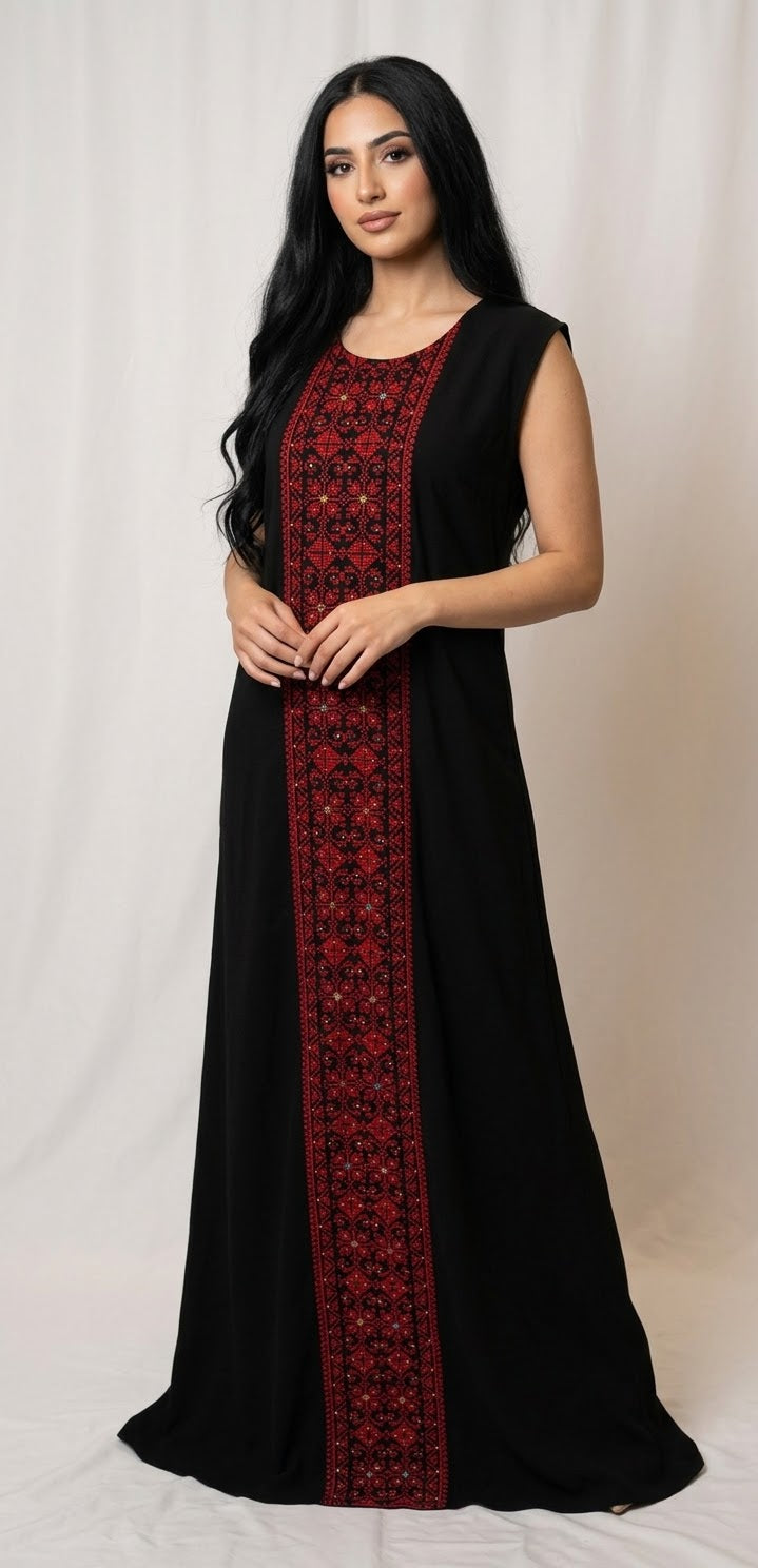 Red Embroidered Abaya Set with Belt