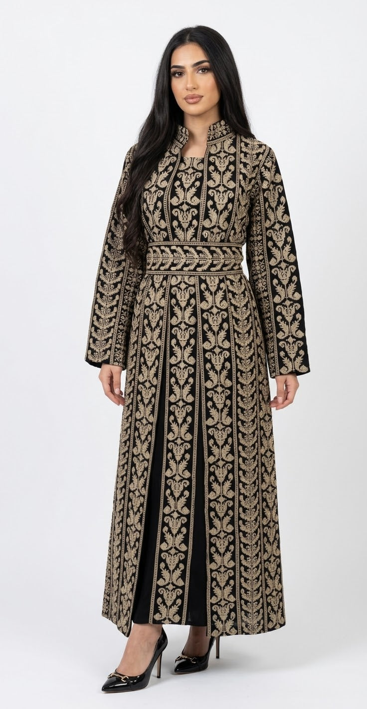 Beige Embroidered Abaya Three-Piece Set with Crystal Embellishments