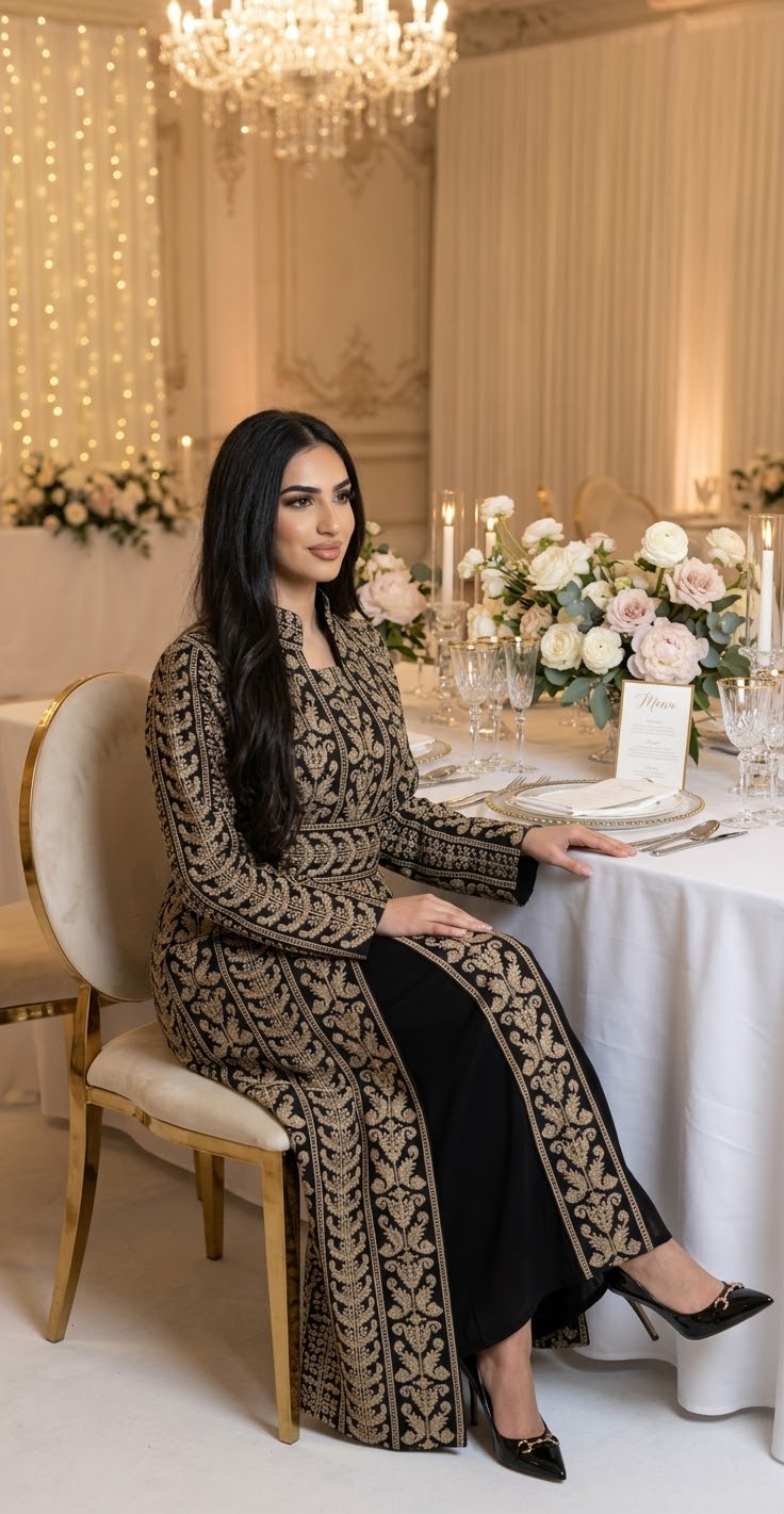 Beige Embroidered Abaya Three-Piece Set with Crystal Embellishments