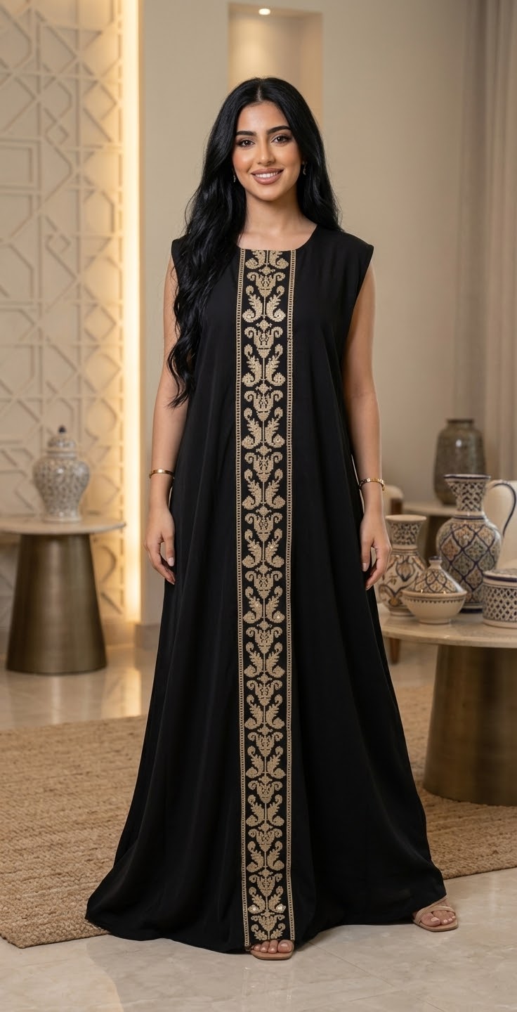 Beige Embroidered Abaya Three-Piece Set with Crystal Embellishments