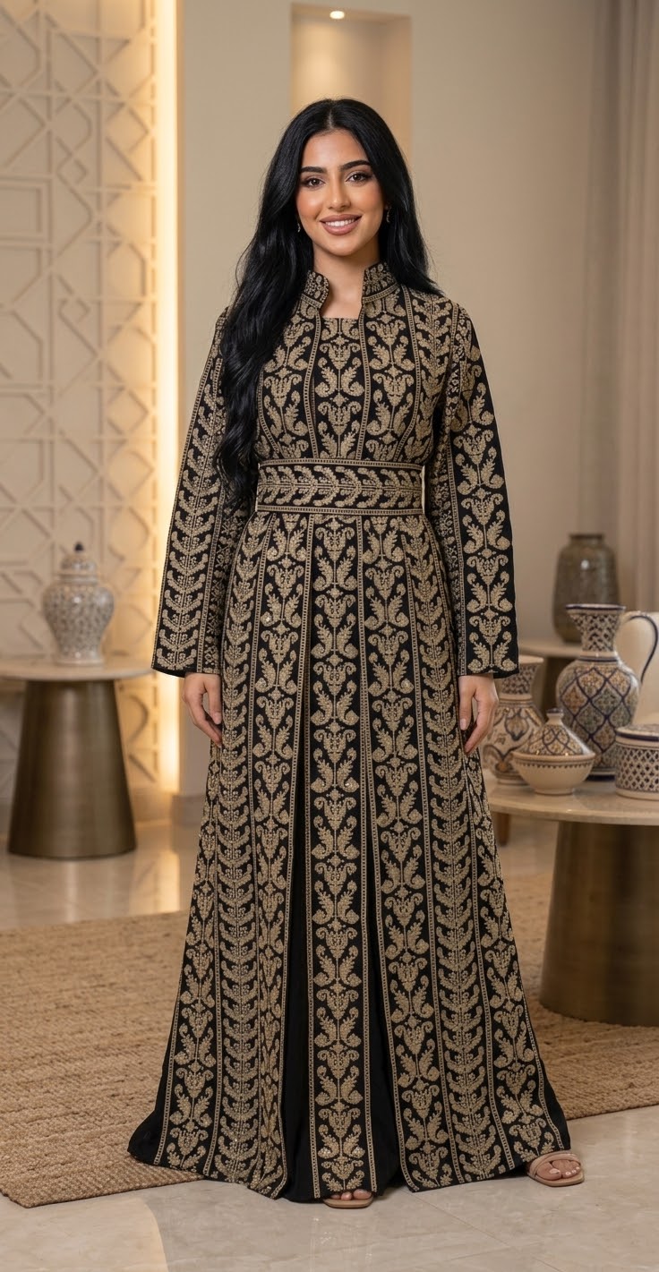 Beige Embroidered Abaya Three-Piece Set with Crystal Embellishments