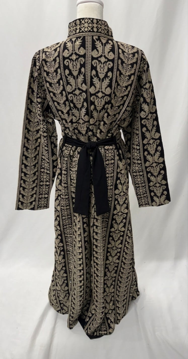 Beige Embroidered Abaya Three-Piece Set with Crystal Embellishments