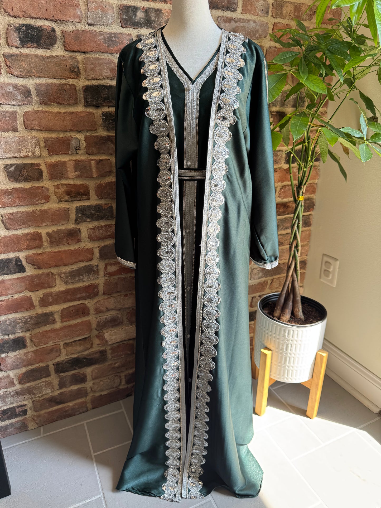 Kaftan Caftan Abaya Wedding Guest Outfit Two Piece Set with Belt - Dark Green