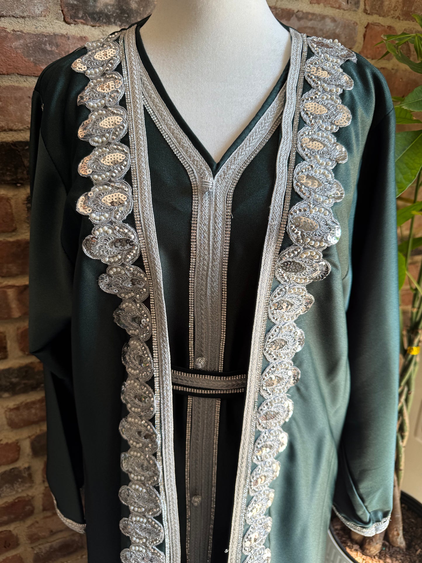 Kaftan Caftan Abaya Wedding Guest Outfit Two Piece Set with Belt - Dark Green