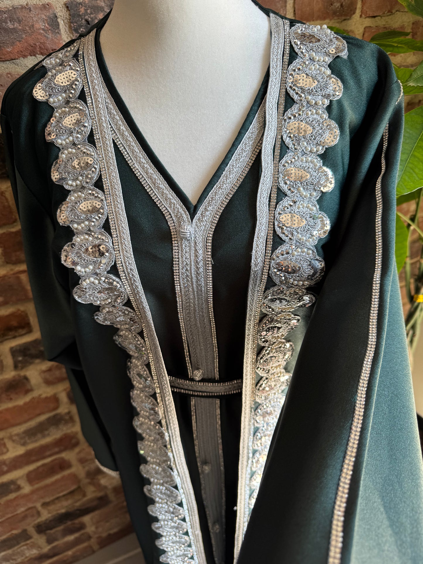 Kaftan Caftan Abaya Wedding Guest Outfit Two Piece Set with Belt - Dark Green