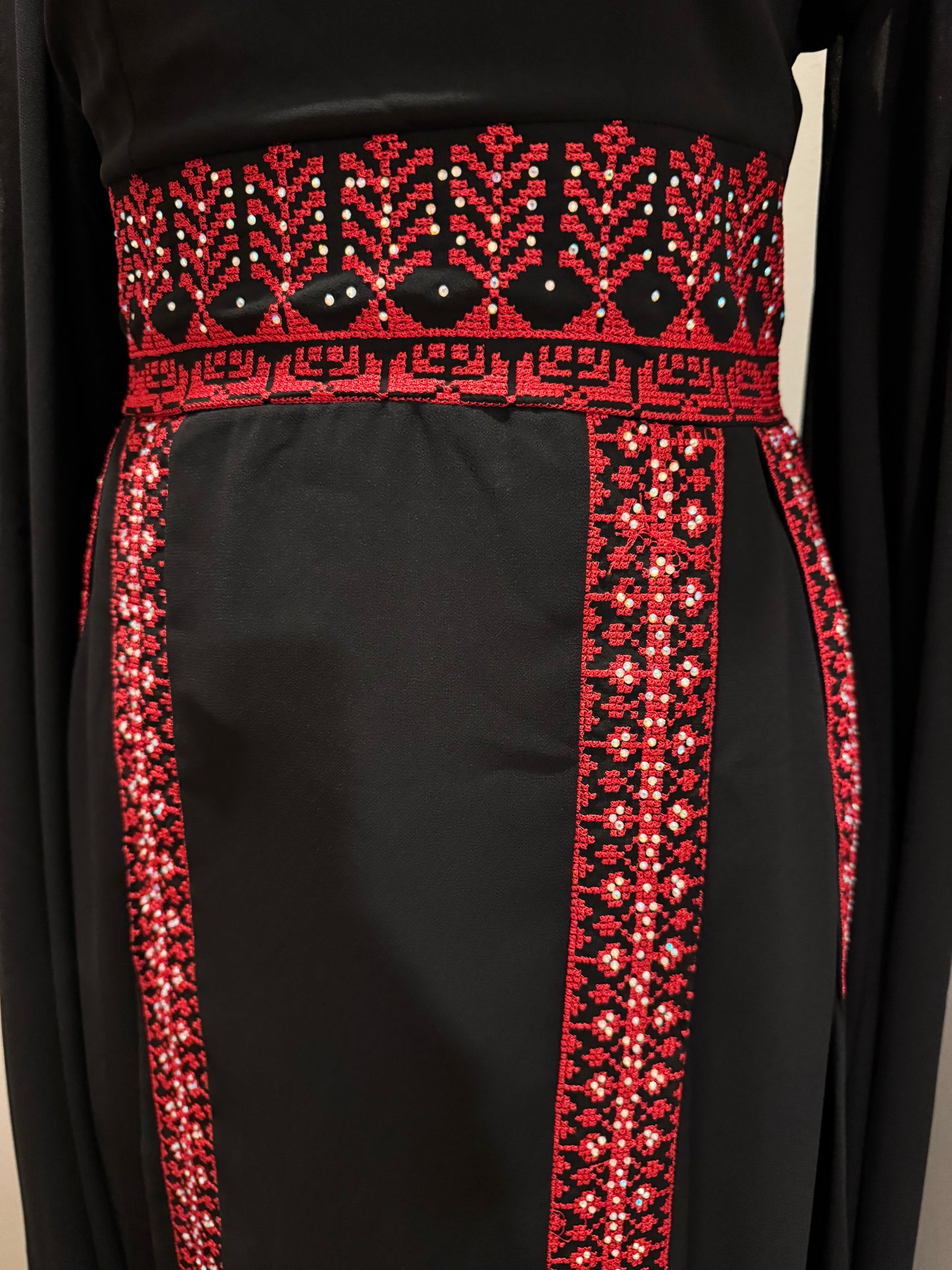 Palestinian Embroidered Butterfly Sleeves Thobe with Matching Tarha Shawl (Black and Red)
