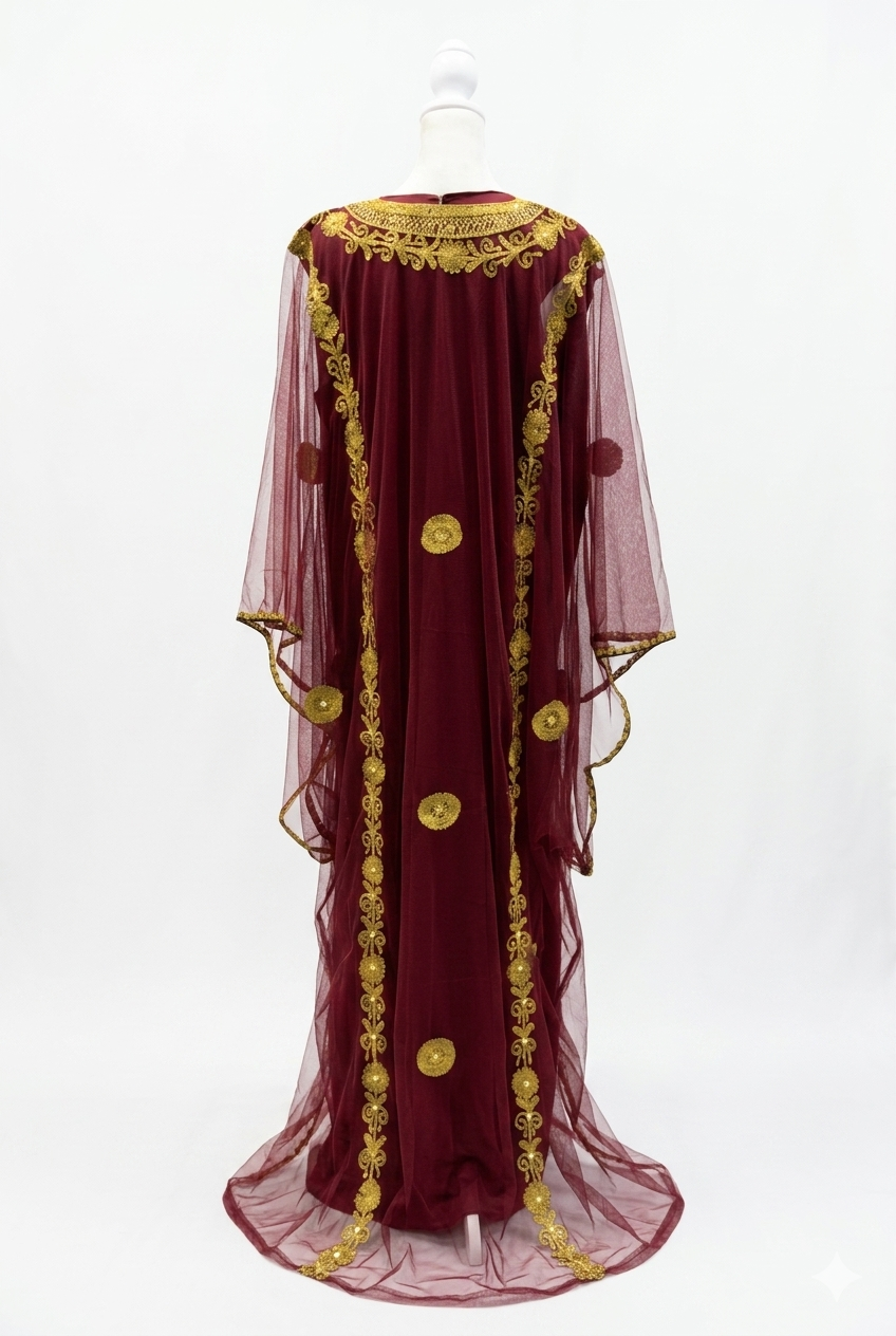 Maroon Hashimi (Nashel) Dress with Tarha – Handmade Floral Embroidered Tulle Dress