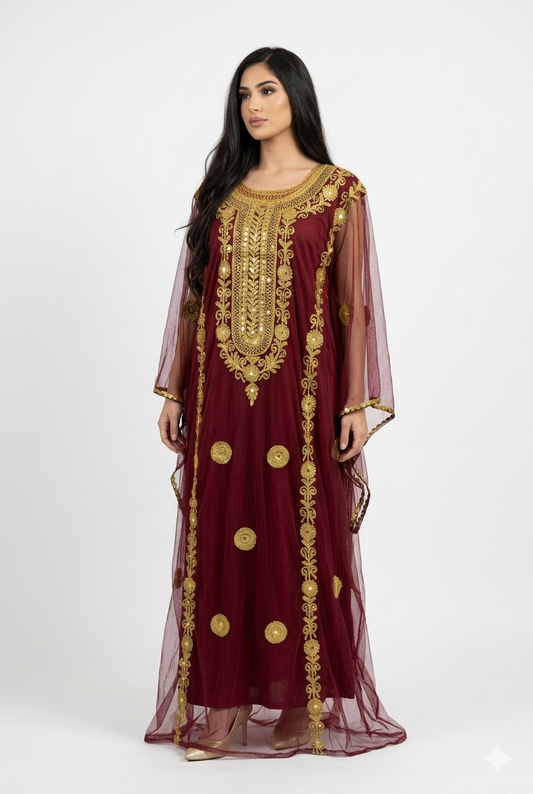 Maroon Hashimi (Nashel) Dress with Tarha – Handmade Floral Embroidered Tulle Dress