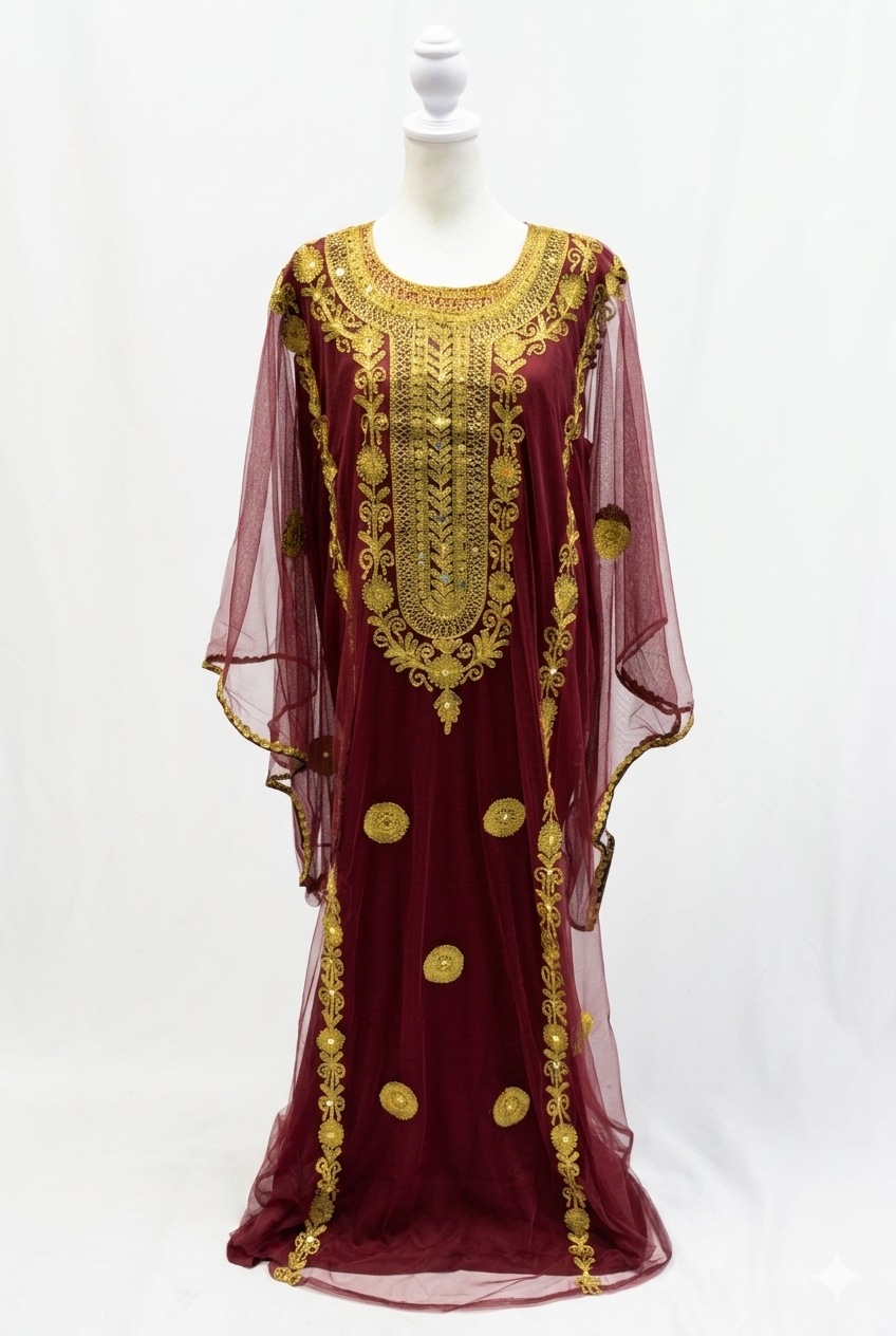 Maroon Hashimi (Nashel) Dress with Tarha – Handmade Floral Embroidered Tulle Dress