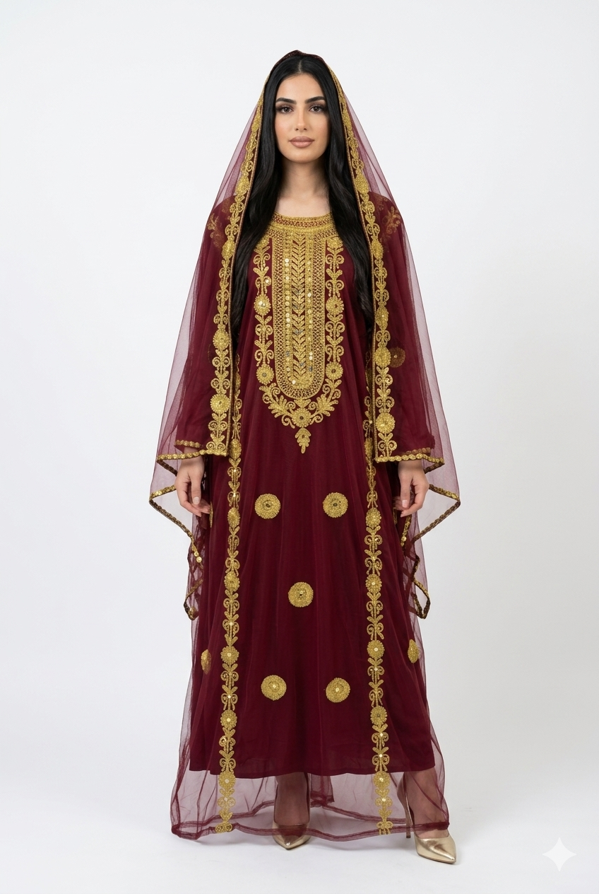 Maroon Hashimi (Nashel) Dress with Tarha – Handmade Floral Embroidered Tulle Dress