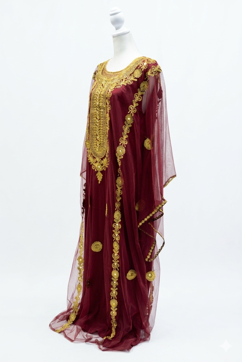Maroon Hashimi (Nashel) Dress with Tarha – Handmade Floral Embroidered Tulle Dress
