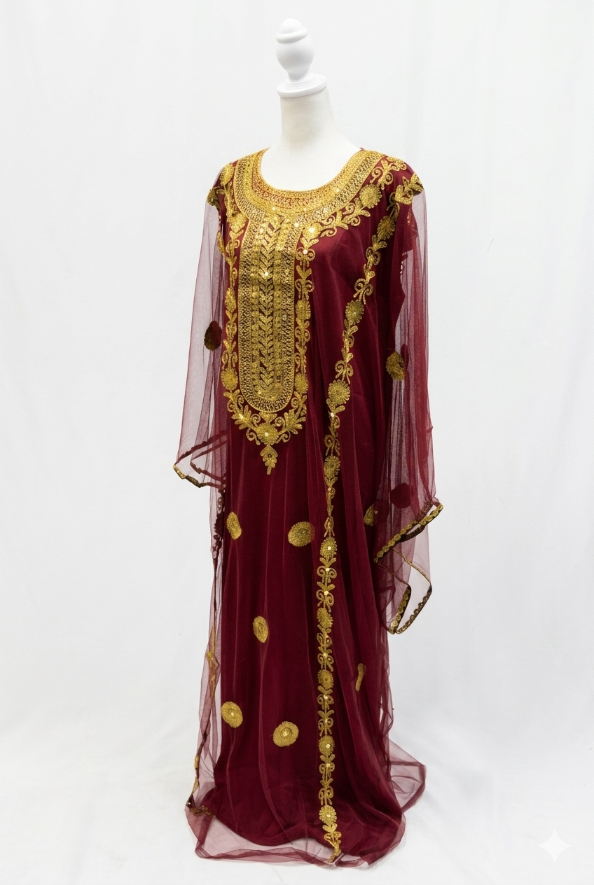 Maroon Hashimi (Nashel) Dress with Tarha – Handmade Floral Embroidered Tulle Dress