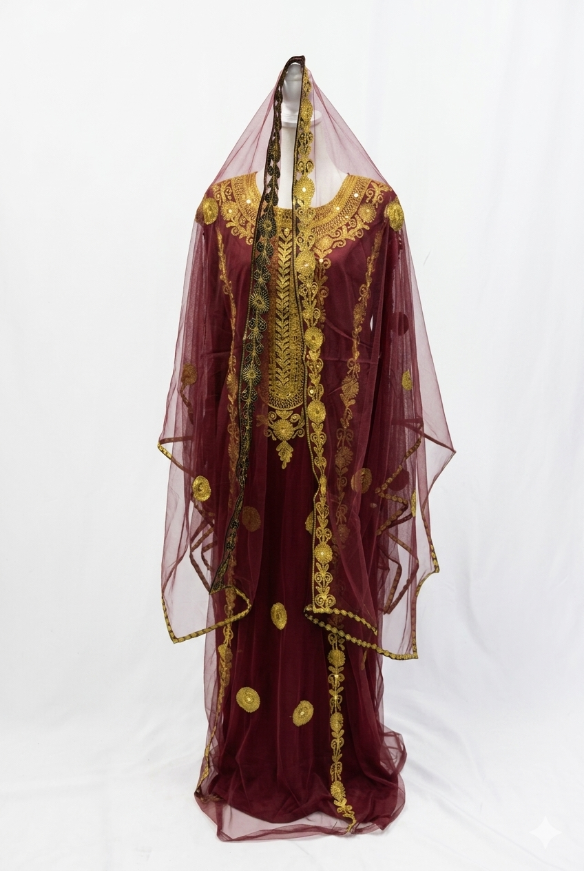 Maroon Hashimi (Nashel) Dress with Tarha – Handmade Floral Embroidered Tulle Dress