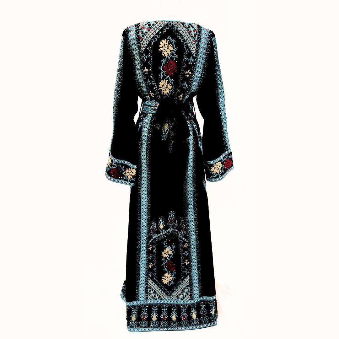 Embroidered Thobe Tatreez with Belt – Black with Red or Blue Embroidery