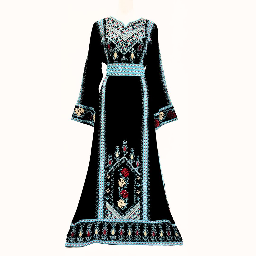 Embroidered Thobe Tatreez with Belt – Black with Red or Blue Embroidery