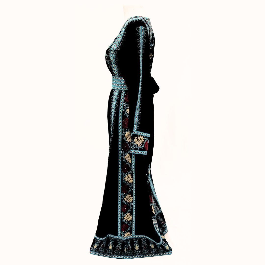 Embroidered Thobe Tatreez with Belt – Black with Red or Blue Embroidery