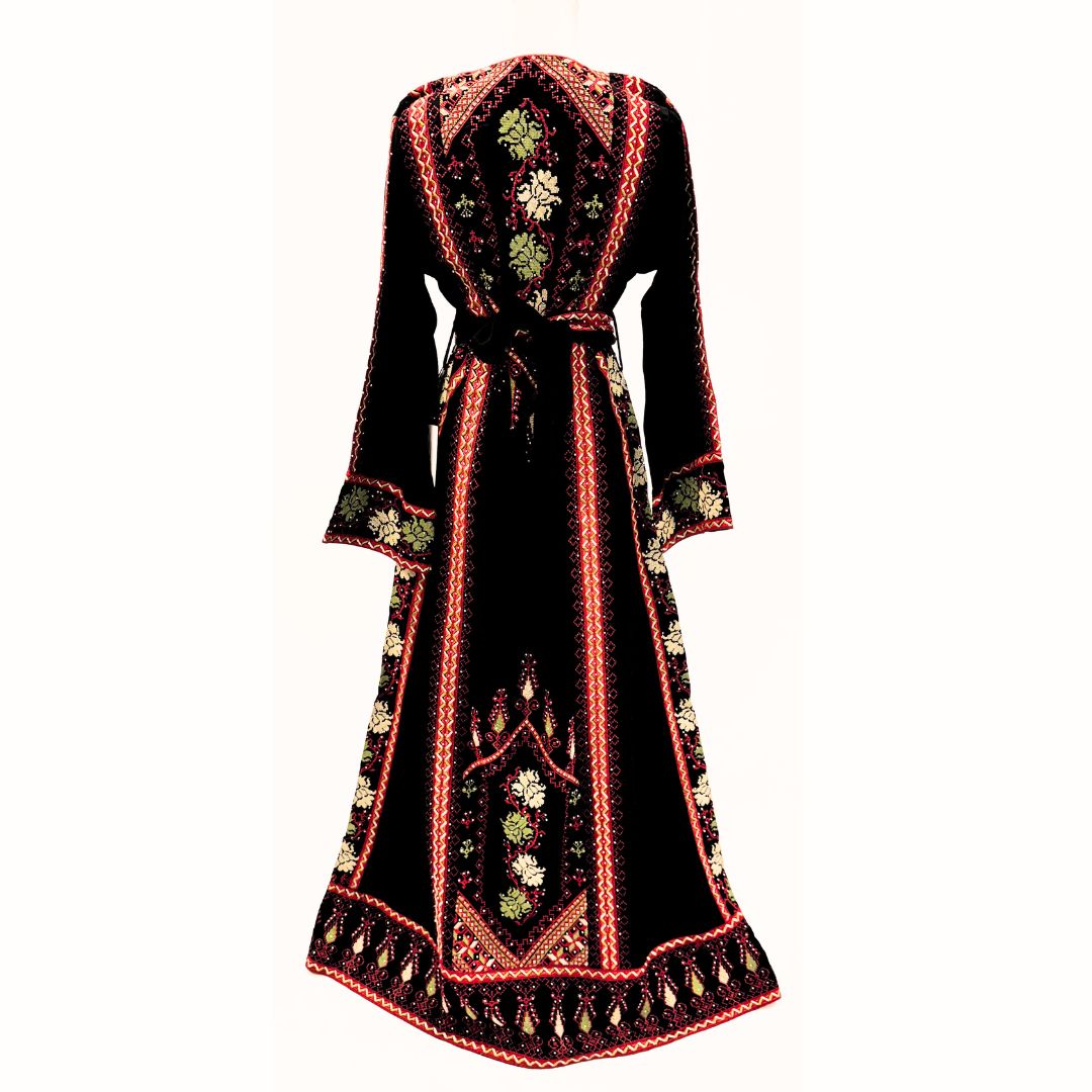 Embroidered Thobe Tatreez with Belt – Black with Red or Blue Embroidery