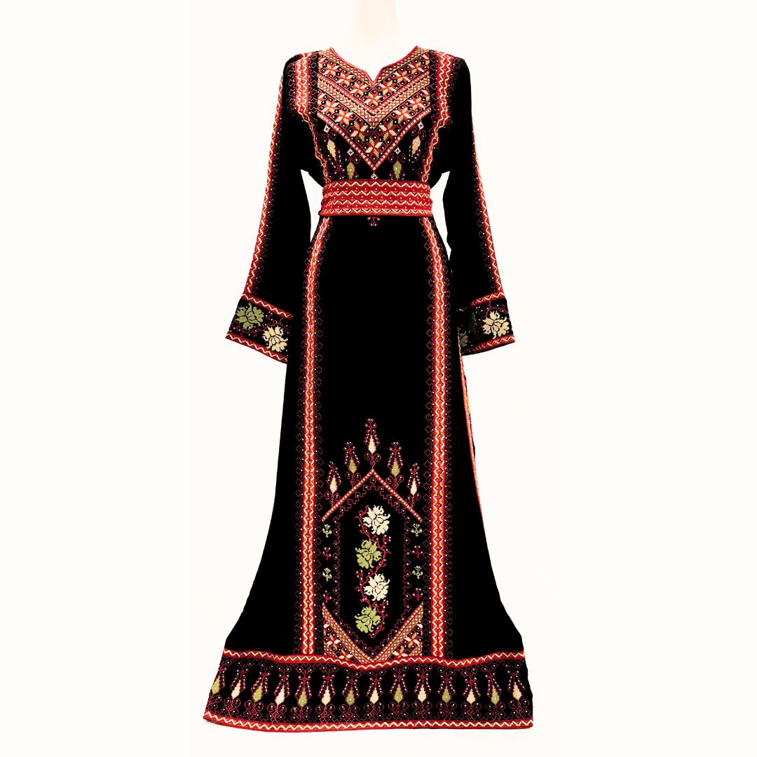 Embroidered Thobe Tatreez with Belt – Black with Red or Blue Embroidery