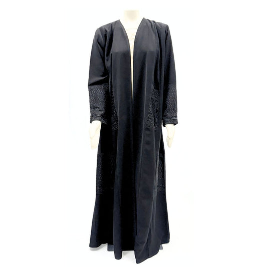 Saudi Open Abaya with Matching Scarf – Black Women’s Abaya with Elegant Black Embroidery