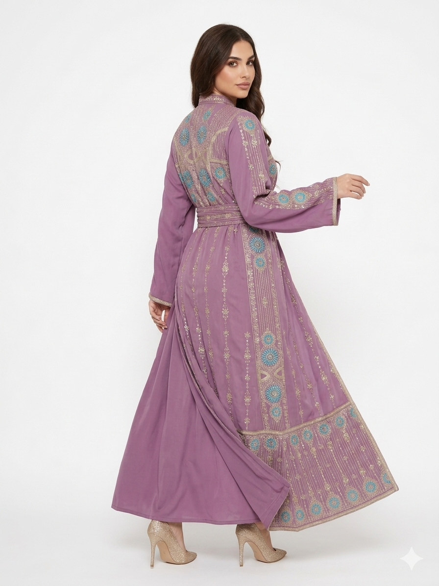 Lightweight Embroidered Abaya Set with Belt – Teal & Lavender