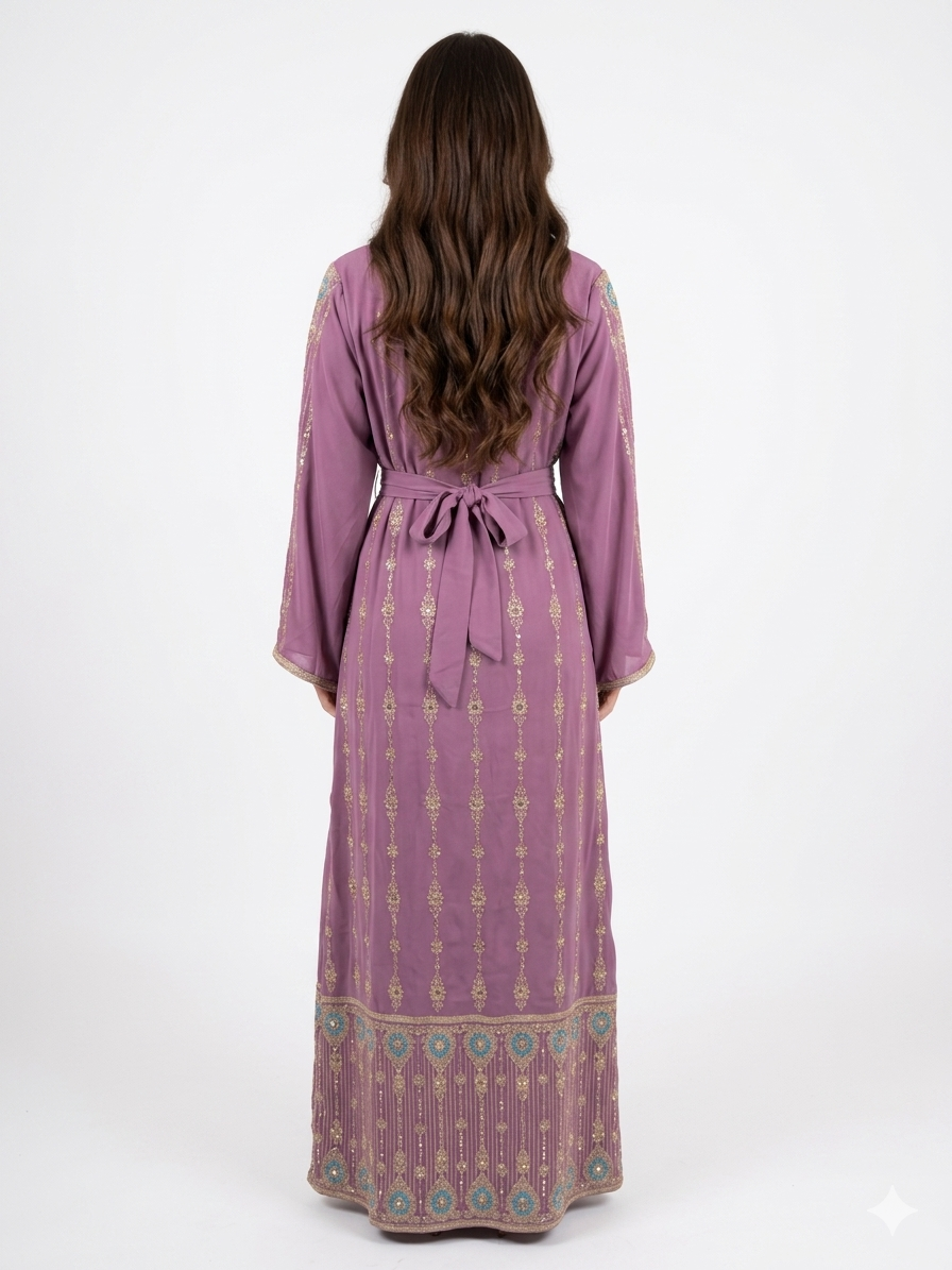 Lightweight Embroidered Abaya Set with Belt – Teal & Lavender