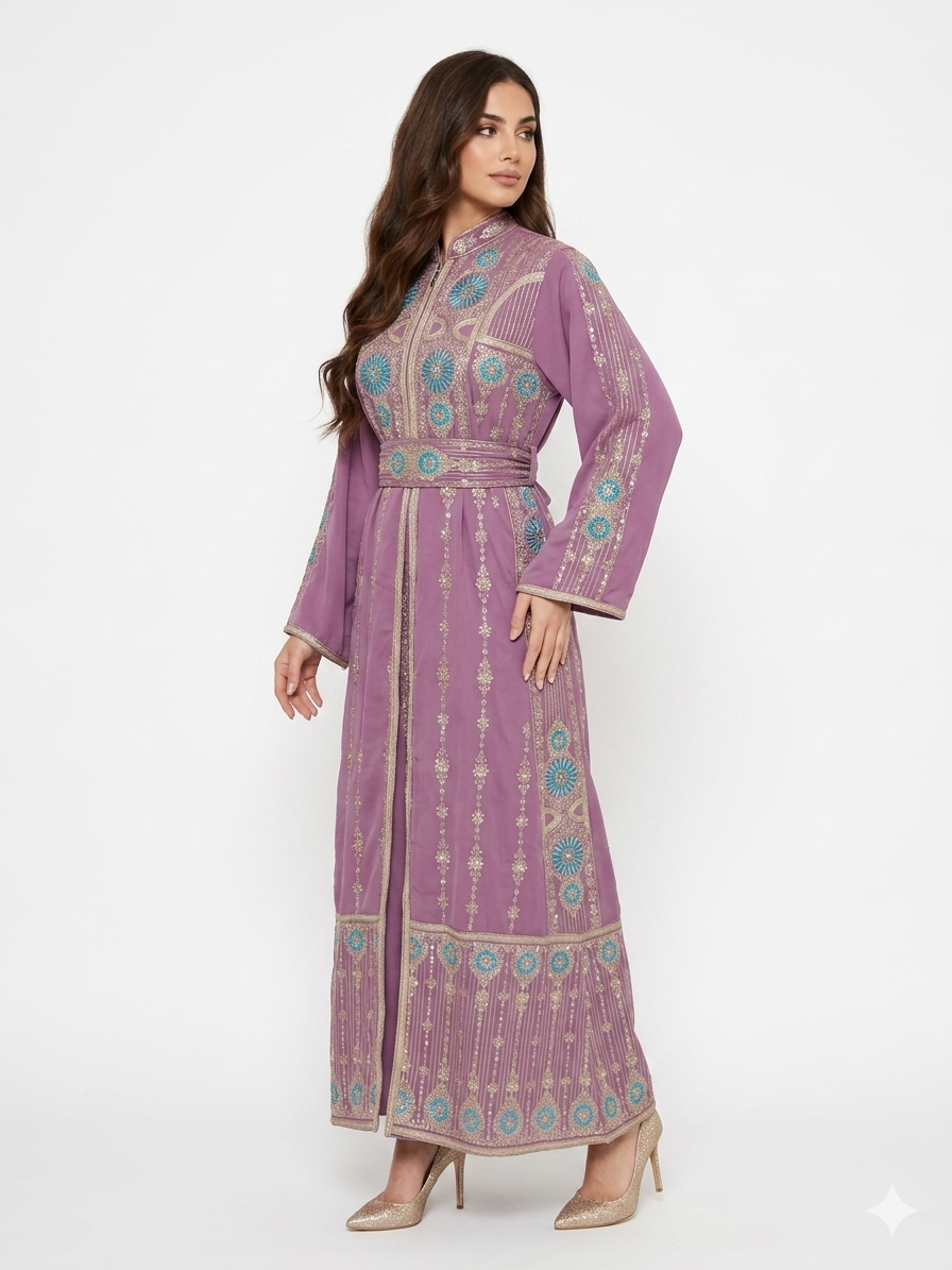 Lightweight Embroidered Abaya Set with Belt – Teal & Lavender