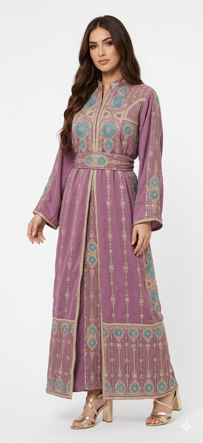 Lightweight Embroidered Abaya Set with Belt – Teal & Lavender