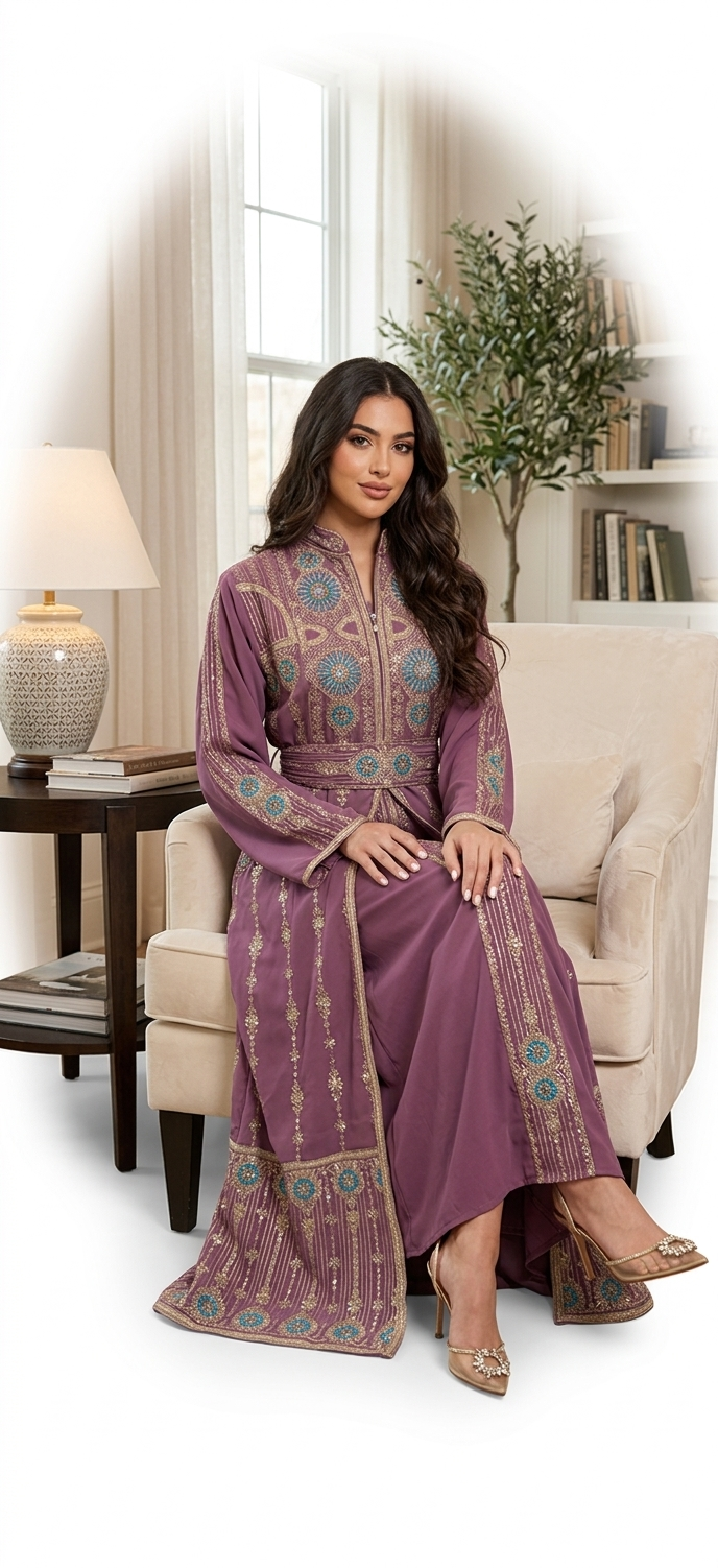 Lightweight Embroidered Abaya Set with Belt – Teal & Lavender