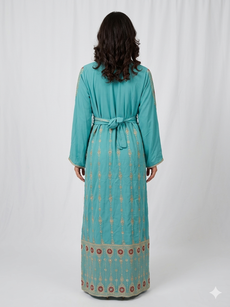 Lightweight Embroidered Abaya Set with Belt – Teal & Lavender