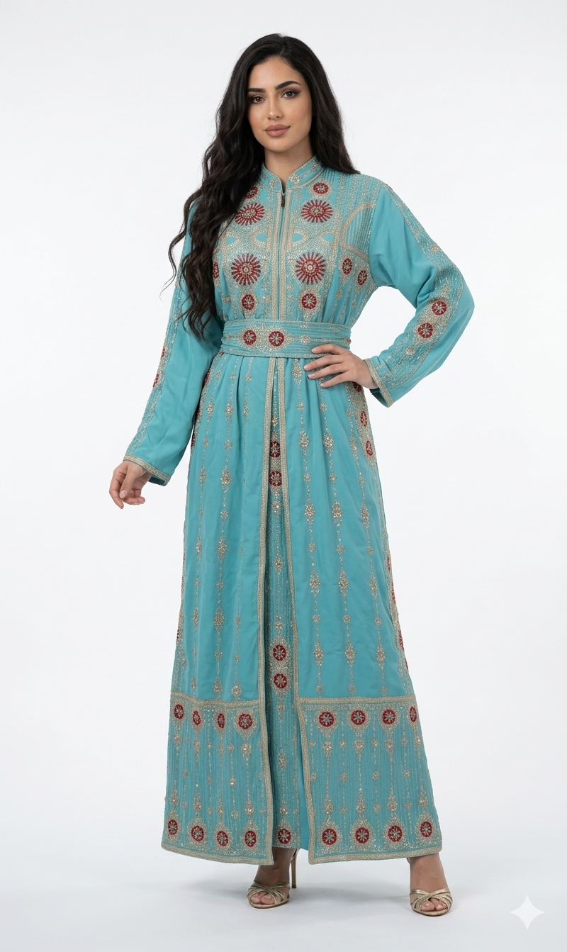Lightweight Embroidered Abaya Set with Belt – Teal & Lavender
