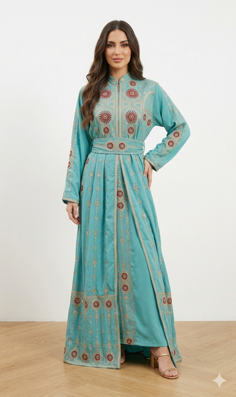 Lightweight Embroidered Abaya Set with Belt – Teal & Lavender