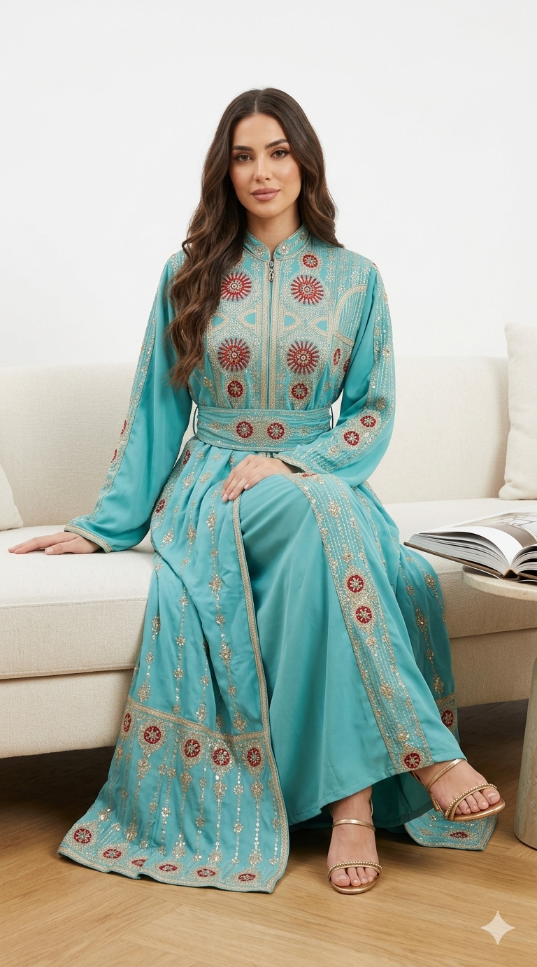 Lightweight Embroidered Abaya Set with Belt – Teal & Lavender