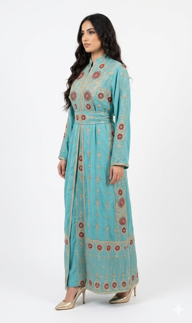 Lightweight Embroidered Abaya Set with Belt – Teal & Lavender
