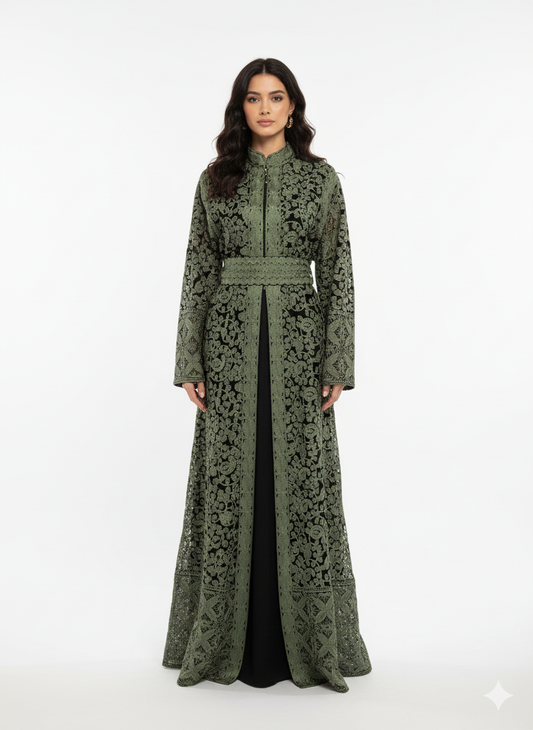 Traditional Agbani Style Embroidered two-piece Abaya with Belt and Upper Zipper (Black and Green)