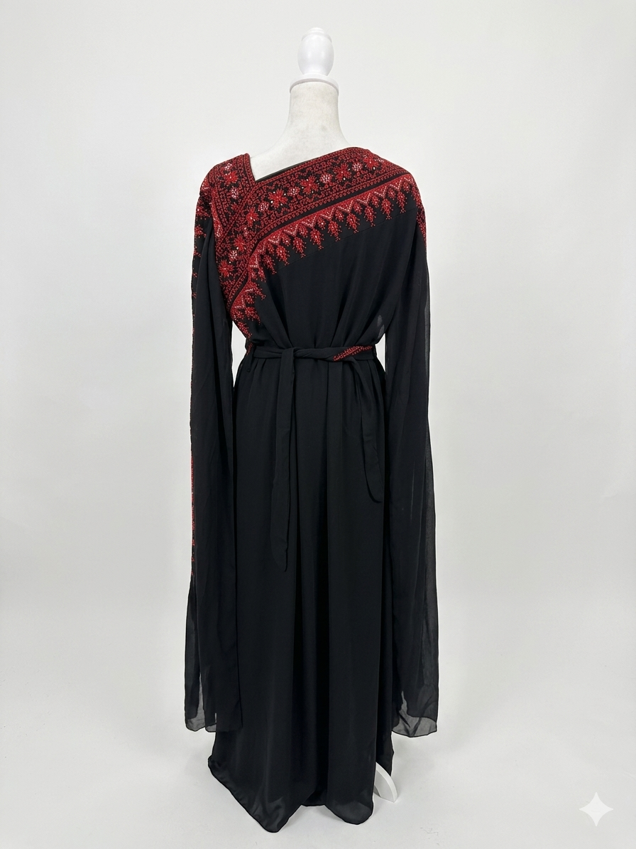 Black Embroidered Thobe Dress – Asymmetric Neck with Batwing Sleeves & Belt