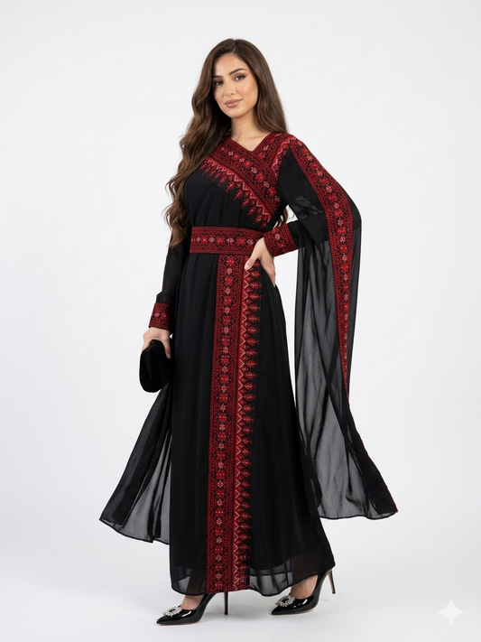Black Embroidered Thobe Dress – Asymmetric Neck with Batwing Sleeves & Belt